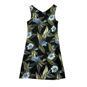 TOMMY BAHAMA 100% Silk Dress Sz 12 Black Floral Hawaiian Midi Sleeveless Lined